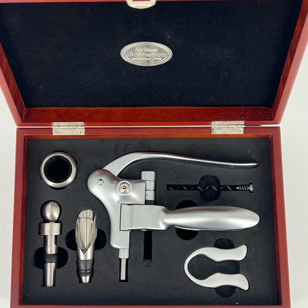 Heritage Brookstone Connoisseur's Wine Bottle Opener Set Silver in Wooden Case
